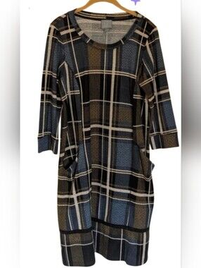 Rabbit Rabbit Rabbit Plaid Shift Dress in Blue, Black & Cream